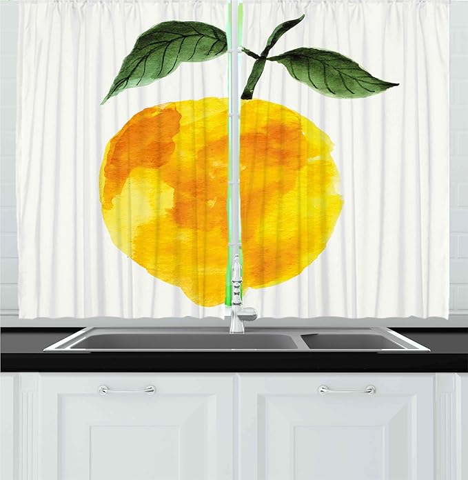Ambesonne Yellow and Orange Kitchen Curtains, Hand Drawn Lemon Watercolors Summer Organic Food Natural Product, Window Drapes 2 Panel Set for Kitchen Cafe Decor, 55" x 30", Yellow Orange