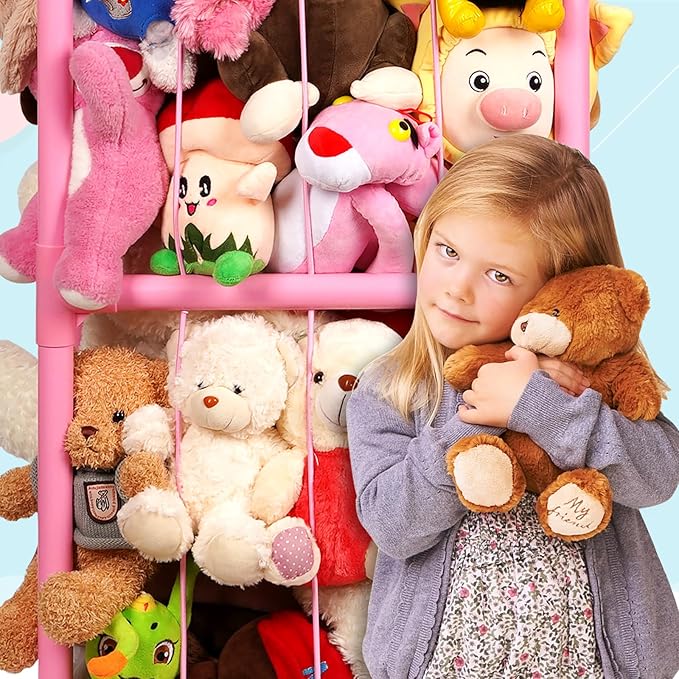 Trycooling Stuffed Animal Storage Zoo Stuffed Animal Holder Space Save Vertical Stuffed Animals Storage PVC with Elastic Band and Net for Playroom Birthday Gift for Bedroom Nursery - Pink