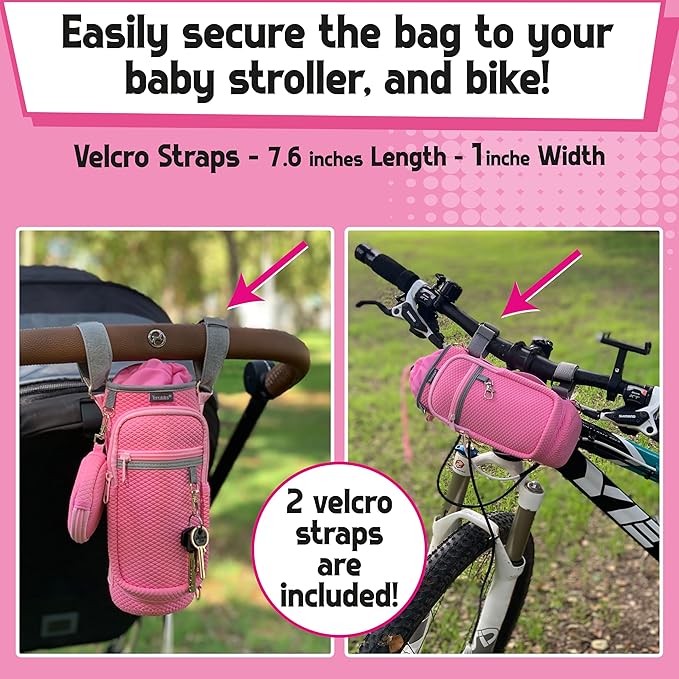 Water Bottle Holder with Strap - Water Bottle Carrier Sling Bag Crossbody with Metal Clips and Rings, Keychain, Extra Small Round Purse, Hook and Loop for Your Bike, Stroller, Backpack