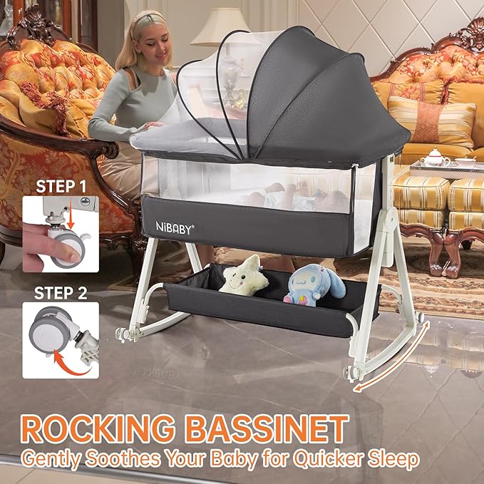 Multifunctional 3-in-1 Baby Bassinet for Bedside Sleep, Nursing & Rocking - Adjustable Height, Breathable Mesh, Portable Design with Mosquito Net, Safe & Supports Independent Sleep (Black)