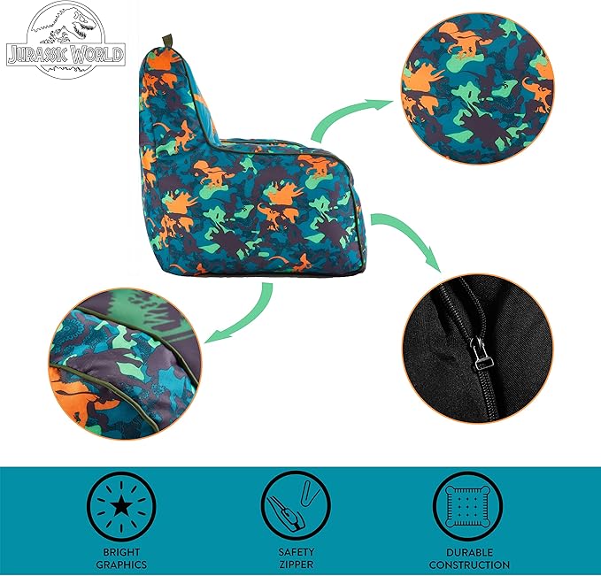 Idea Nuova Jurassic World 2 Kids Nylon Bean Bag Chair with Piping & Top Carry Handle, Blue, 18" H x 18" W