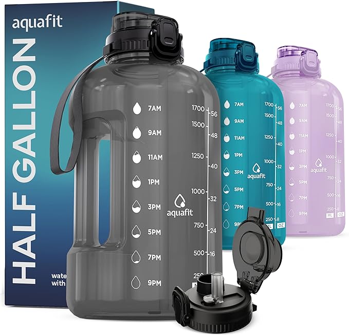 AQUAFIT 64 oz Water Bottle with Time Marker - BPA Free Half Gallon Water Bottle with Straw - Gym Water Bottle with Handle, Gallon Water Jug, Big Water Bottle, Large Water Bottle (Gray, 2in1 Lid)