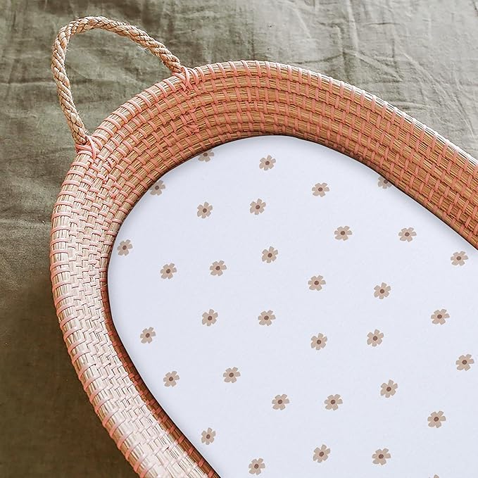 Bassinet Sheet, 100% Cotton Knitted Jersey, Fit Bassinet Crib Mattresses, Fitted Crib Sheets, Super Soft, Toddler Fitted Sheet, Unisex,2 Pack,Brown/Flowers, 17x32x4