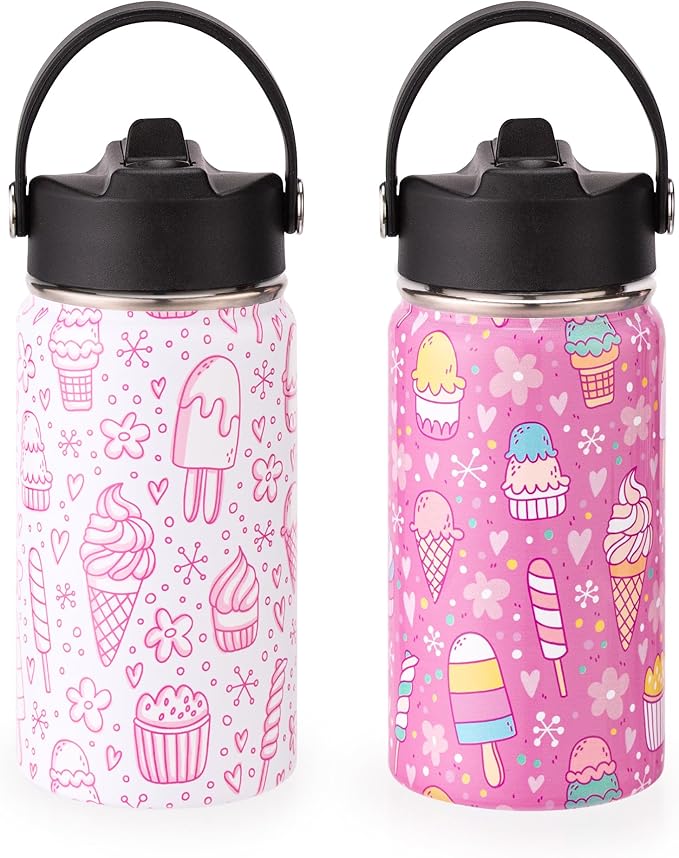 Kids Insulated Water Bottle, 2 Pack 12oz Ice Cream Water Bottles Bulk with Flip Straw & Big Handle, Gifts for Kids Girls to School Travel Sports, Hands Wash Only, Pink & White