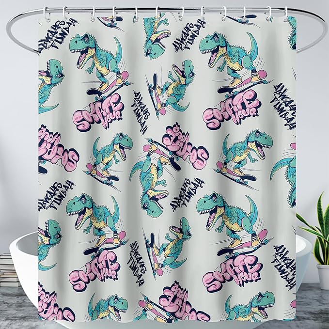 AILONEN Cute Dinosaur Kids Shower Curtain,Sport Cool Dinosaur Bath Curtain Gifts for Boys Teens,Skate Dinosaur Polyester Waterproof for Bathroom with 12 Plastic Hooks 72" W*84" H