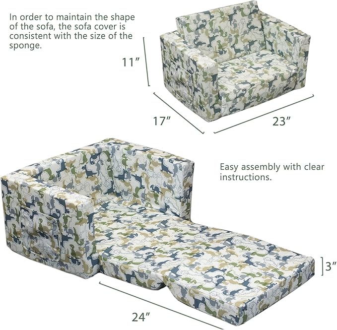 Kids Sofa, Children's 2 in 1 Convertible Sofa to Lounger - Extra Soft Flip Open Chair & Sleeper, Cute Dinosaur Print Toddler Chairs Kids Couch for Kids Girls Boys