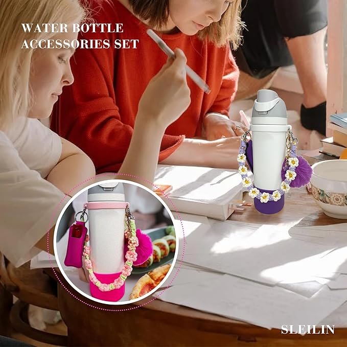Water Bottle Accessories Set Compatible with Owala 24oz 32oz Including Water Bottle Handle Strap, Water Bottle Boot, Lipstick Bag, Pompom Ball, Daisy Key-chain, Compatible with Owala FreeSip.