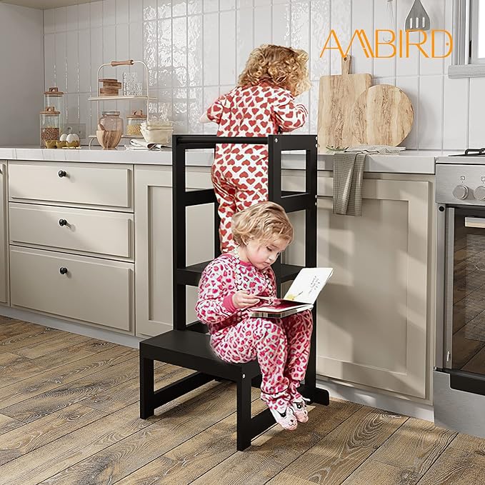 AMBIRD Toddler Step Stool, 3 Adjustable Height Kitchen Step Stool for 18-48 Months Kids, Wooden Toddler Kitchen Stool with Rail & Non-Slip Mat for Kitchen & Bathroom Sink (Black)