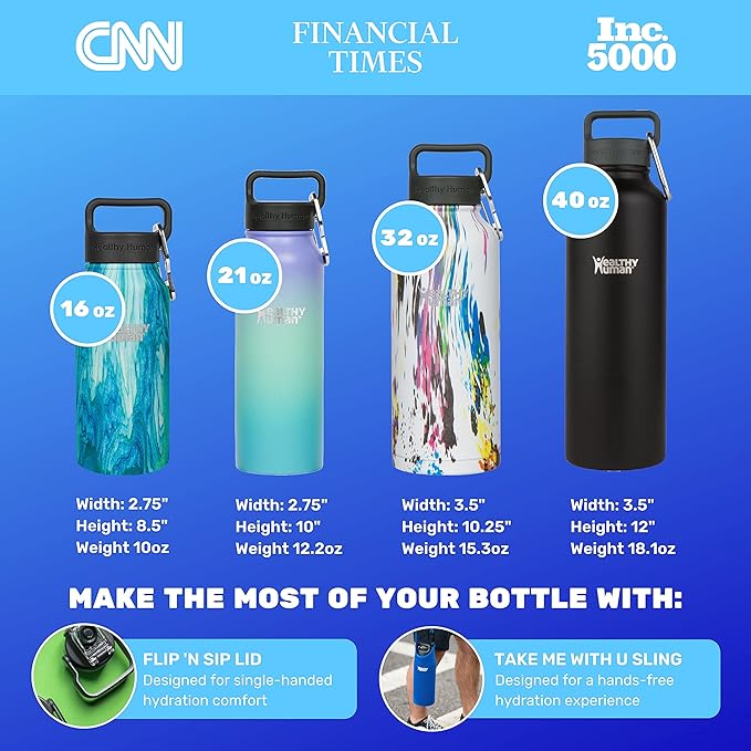 Healthy Human Stainless Steel Water Bottle | Double Walled Vacuum Insulated Water Thermos for Adults | Eco-Friendly Travel Bottles with Leak Proof Lid (Blue Wood, 21 oz/ 621 ML)