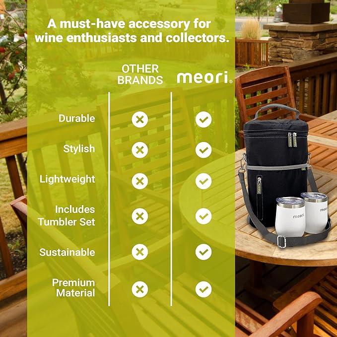 meori 2-Bottle Insulated Wine Tote + Tumbler Set with Lids Bundle Gifts for Wine Lover | Lava Black