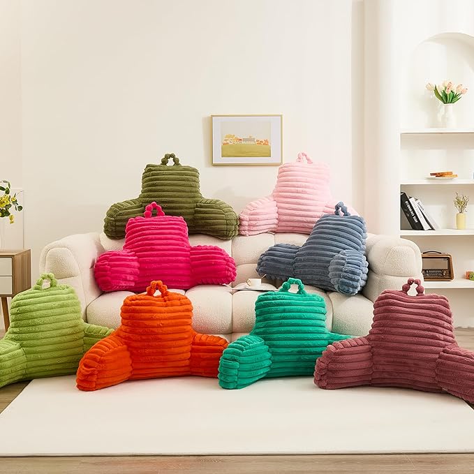 WERDIM Reading Pillow for Sitting in Bed, Faux Fur Back Pillow for Bed Rest, Bed Chair Pillow with Arms and Pockets(Standard, Dusty Rose)