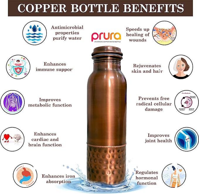 Hammered Curved Copper Water Bottle - Seamless Leak Proof Joint Less Water Bottle for Ayurvedic Benefits (Design 4)