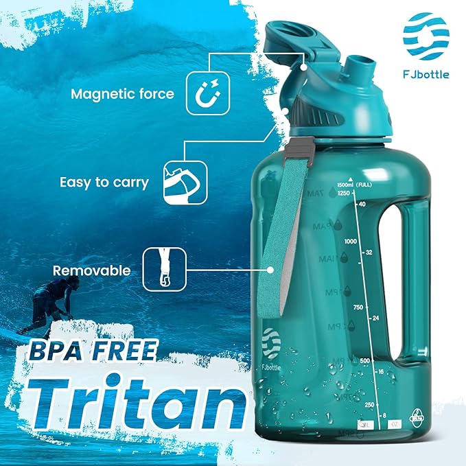 Large Half Gallon Water Bottle with Time Marker, 54 oz BPA Free Tritan Big Sport Jug with Magnetic Lid and Handle -Leak Proof Sports Water Bottle for Fitness,Gym, Outdoor and Home