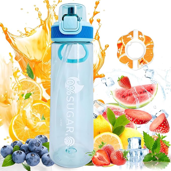 Newly Upgraded Air Water Bottle,700ML Air Water Bottle with Flavor Pods, Leak Proof Scented Water Bottle with Large Portable Handle, 0 Suger No BPA for Gym, Outdoors, Schools (Blue Straight Mouth)