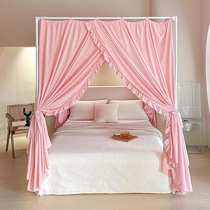 AIKASY Princess Canopy Bed Curtains with Top Ties - Windproof & Lightproof for Girls' Adult Bedroom Decor | Bed Canopy Drapes (King,Pink)