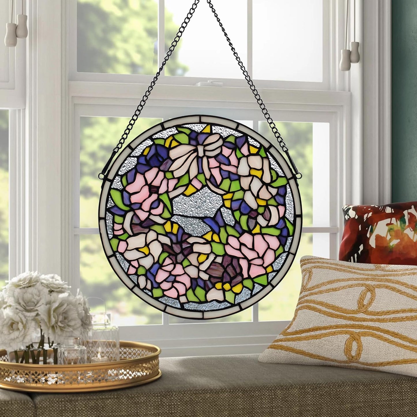 Handcrafted Stained Glass Window Panel - 12-Inch Round Floral Design with Vibrant Colors, Elegant Decorative Hanging Art for Home Décor, Includes 20-Inch Chain & Hook (Pink Iris)