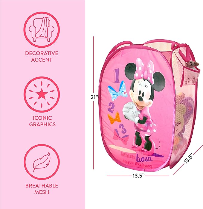 Disney Minnie Mouse Pop Up Hamper with Durable Carry Handles, 21" H x 13.5" W X 13.5" L