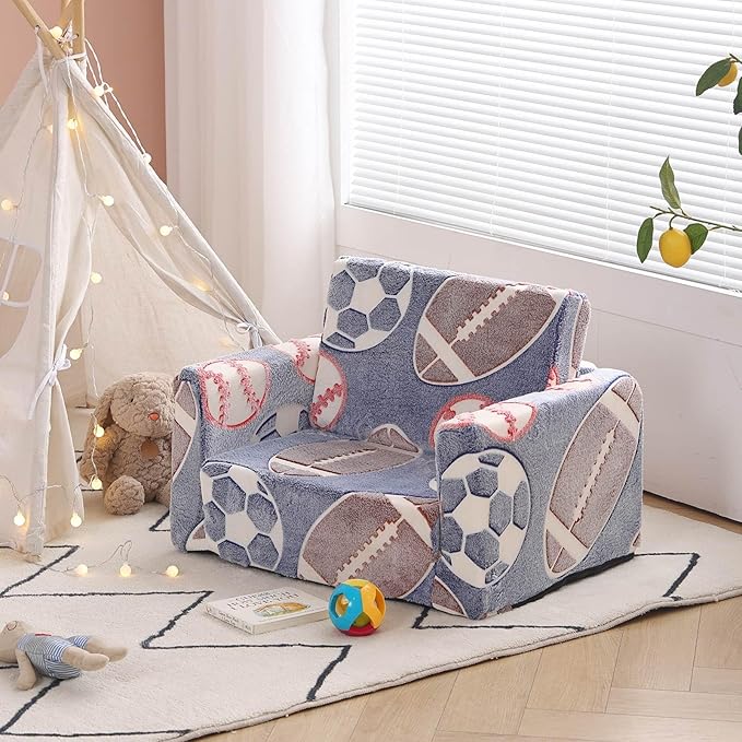 Tiita Kids Sofa, 2-in-1 Kids Sofa Chair, Convertible Children Couch to Lounger, Flip Out Kids Sofa Chair, Toddler Armrest Chair Bed, Folding Kids Play Sofa for Girl or Boy(Ball)