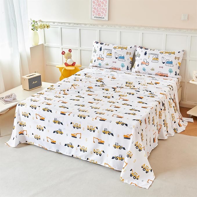 RYNGHIPY Twin Sheets Set Kids Boys: Construction Excavator Bed Sheet Set for Toddler Children - Deep Pocket Wrinkle Free Bedding Set (White Yellow,Twin)