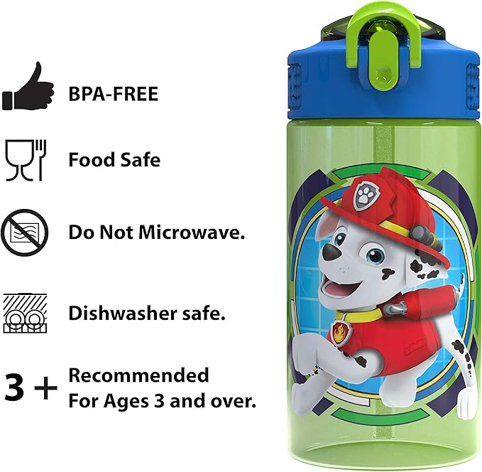 Zak Designs Paw Patrol Kids Spout Cover and Built-in Carrying Loop Made of Plastic, Leak-Proof Water Bottle Design (Rocky, Rubble & Chase, 16 oz, BPA-Free)