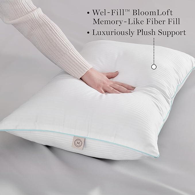 MARTHA STEWART Down Alternative Pillows Queen Size Set Of 2, Plush Cooling Pillow for Back, Stomach or Side Sleepers, Memory Foam-Like Fiber Fill, Dobby Stripe, 20" x 28", White