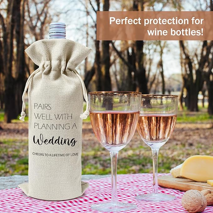 Engagement Wine Gift Bag, Engagement Gifts for Couples Newly Engaged, 1pcs Well with Wedding Planning Reusable Burlap Drawstring Wine Gifts Bag for Wine Bottles, Wedding Holiday Party Favor -09