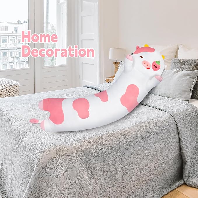 Long Cow Plush Kawaii Kids Plush Toy Pillows, Cute Cow Stuffed Animals Soft Plushies, Kitten Big Plush Toys Throw Body Pillow Doll Gift for Girls Boys (Strawberry Cow 44 Inch