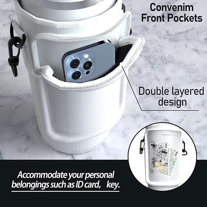 Water Bottle Carrier Bag with Phone Pocket for 40oz Tumbler with Handle, Adjustable Strap Neoprene Water Bottle Sleeve Pouch for Hiking Camping Travelling. (White)