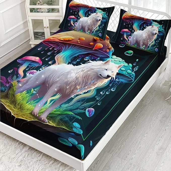 AILONEN White Wolf Fitted Sheet Set Twin Size, Cartoon Mushroom and Cute Wolf Bed Sheet Set,3 Pieces Rain Mushroom Fitted Sheet with 2 Pillowcases for Boys Girls