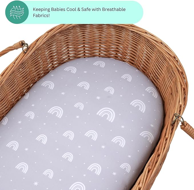 Bassinet Sheets for Dream On Me Karley, Plus, Lacy, Small Regalo Basics, Baby Delight Slumber, Snuggle Nest, Graco Carry Cot, 3 Pack, 16 x 32, Ultra Soft, Unisex Boys Girls, Gray (Woodland Rainbow)