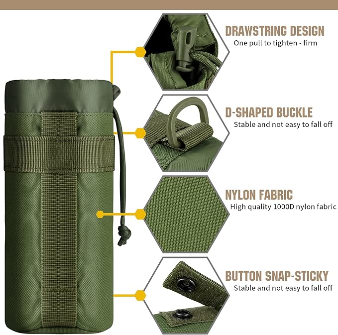 IronSeals Adjustable Tactical Water Bottle Pouch Foldable MOLLE Water Bottle Holder Drawstring Open Top Travel Water Bottle Bag
