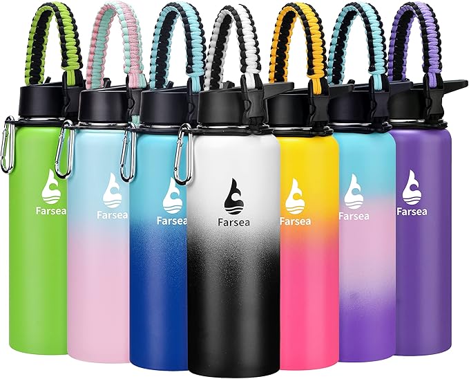 Farsea Insulated Water Bottle with Straw Lid & Spout Lid & Paracord Handle, Stainless Steel Water Bottle Wide Mouth, Double Wall Sweat-Proof BPA-Free, 40 oz, Gradient White + Black