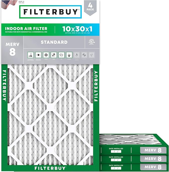 Filterbuy 10x30x1 Air Filter MERV 8 Dust Defense (4-Pack), Pleated HVAC AC Furnace Air Filters Replacement (Actual Size: 9.50 x 29.50 x 0.75 Inches)