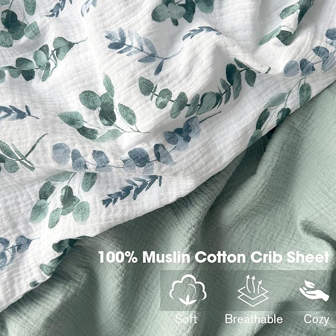 Muslin Crib Sheets, 2pk Neutral Fitted Baby Toddler Bed Sheets for Standard Crib Mattress & Toddler Bed Mattress, 28 x 52 inches, Green Leaves