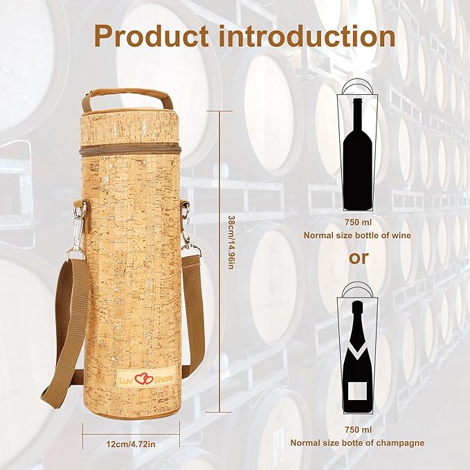 Insulated Wine Bag, Cork Single Bottle Wine Gift Bags, Cooler Carrier Tote Bag for Travel Party Beach Wedding Reusable & Recyclable