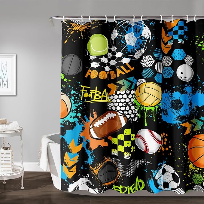 AILONEN Graffiti Sport Shower Curtain,Boys Graffiti Basketball Football Baseball Rugby Sport Bath Curtain Minimalist Bathroom Curtain 72" W*96" H Polyester Waterproof Bathroom Curtain with 12 Hooks