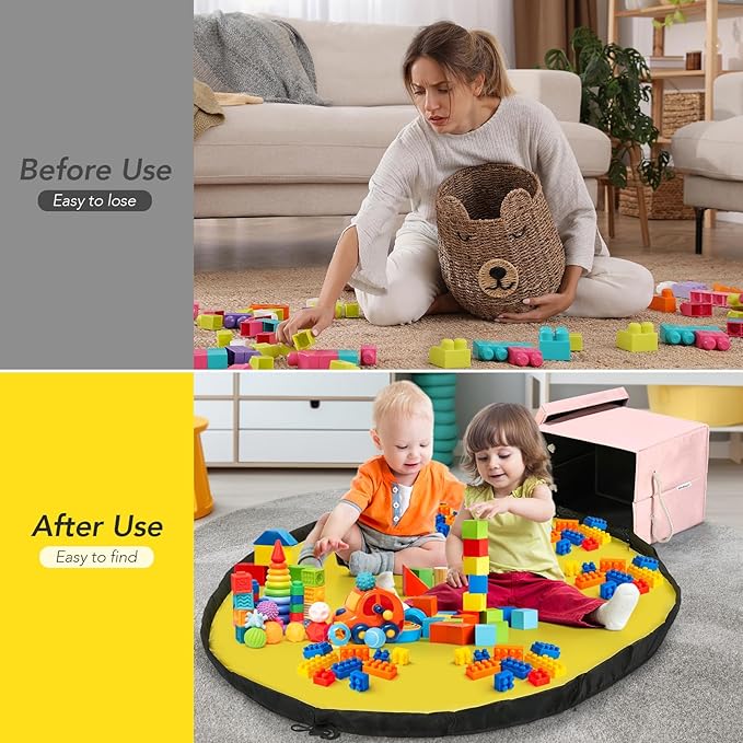 Toy Storage Organizer and Play Mat for Kids - Foldable Organizer Storage Bins with Lids - Detachable Mat Storage Bag Kids Toy Box for Boys, Girls, Nursery, Playroom, 11.6''x11.6''x15.5''(Pink)