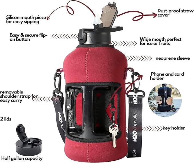 H2O Capsule 2.2L Half Gallon Water Bottle with Storage Sleeve and Covered Straw Lid – BPA Free Large Reusable Drink Container with Handle - Big Sports Jug, 2.2 Liter (74 Ounce)