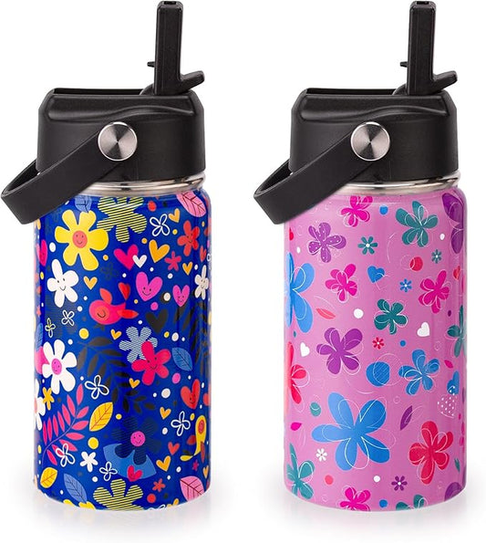 Kids Insulated Water Bottle, 2 Pack 12oz Flower Water Bottles Bulk with Flip Straw & Big Handle, 18/8 Stainless Steel, Gifts for Kids Girls to School Travel Sports, Hands Wash Only, Pink & Blue
