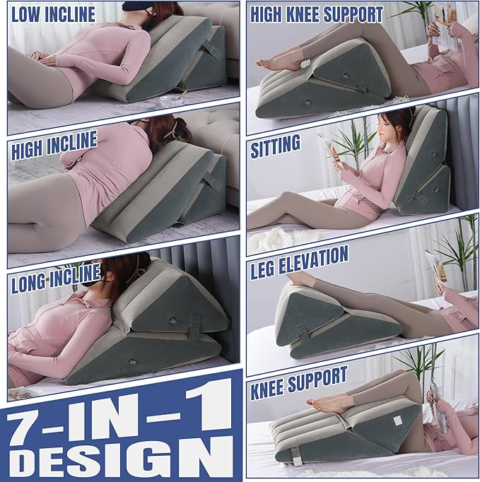 HOMBYS Adjustable Inflatable Bed Wedge Pillow for Sleeping, 7 in 1 Multi Use Back Pillow for Bed Sitting Up, 10 inch Elevated Support Pillow for Legs & Back, Portable for Travel Use, White&Grey