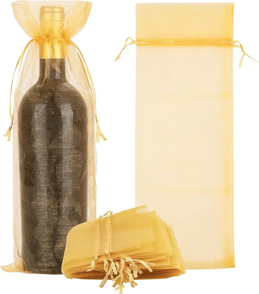 CAIRIAC Sheer Organza Wine Bags, Transparent Mesh Bottle Drawstring Mesh Bags, 5.5 x 14.5 Inch Red Wine Bouquet Gift Bags, Transparent Gauze Red Wine Set, Single Bottle Packaging Dress (30Pcs, Gold)