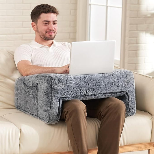 Homguava Reading Pillow Memory Lap Desk Foam Pillow for Adults Gaming Pillow Arm Rest Pillow for Reading, Crocheting, Gaming or Sitting in Bed (Furry Grey, Large)