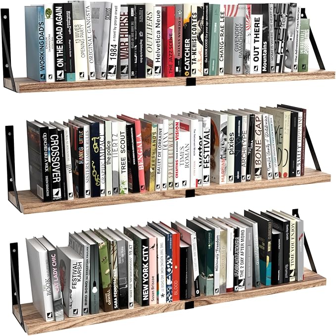 Floating Book Shelves for Wall Set of 3, Wall Bookshelf, 33 inch Long Wood Shelf for Wall Storage, Hanging Shelving for Bedroom, Bathroom, Living Room, Kitchen, Office and Plants (Carbonized Black)