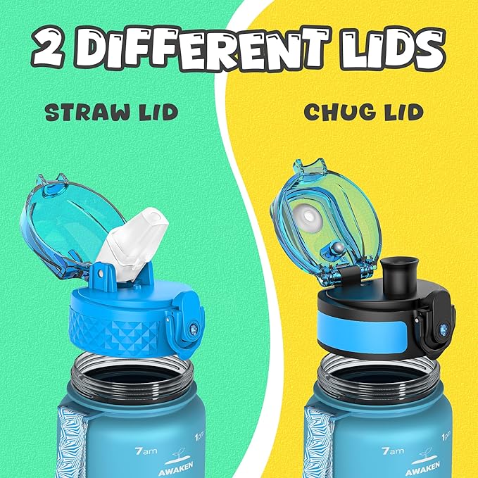 OLDLEY Kids Water Bottle for School, 17 oz (2 lids) BPA-Free Reusable Leak-proof Durable Tritan Plastic Water Bottles with Straw & Chug Lids, Anti-dust Spout Cover (Blue)