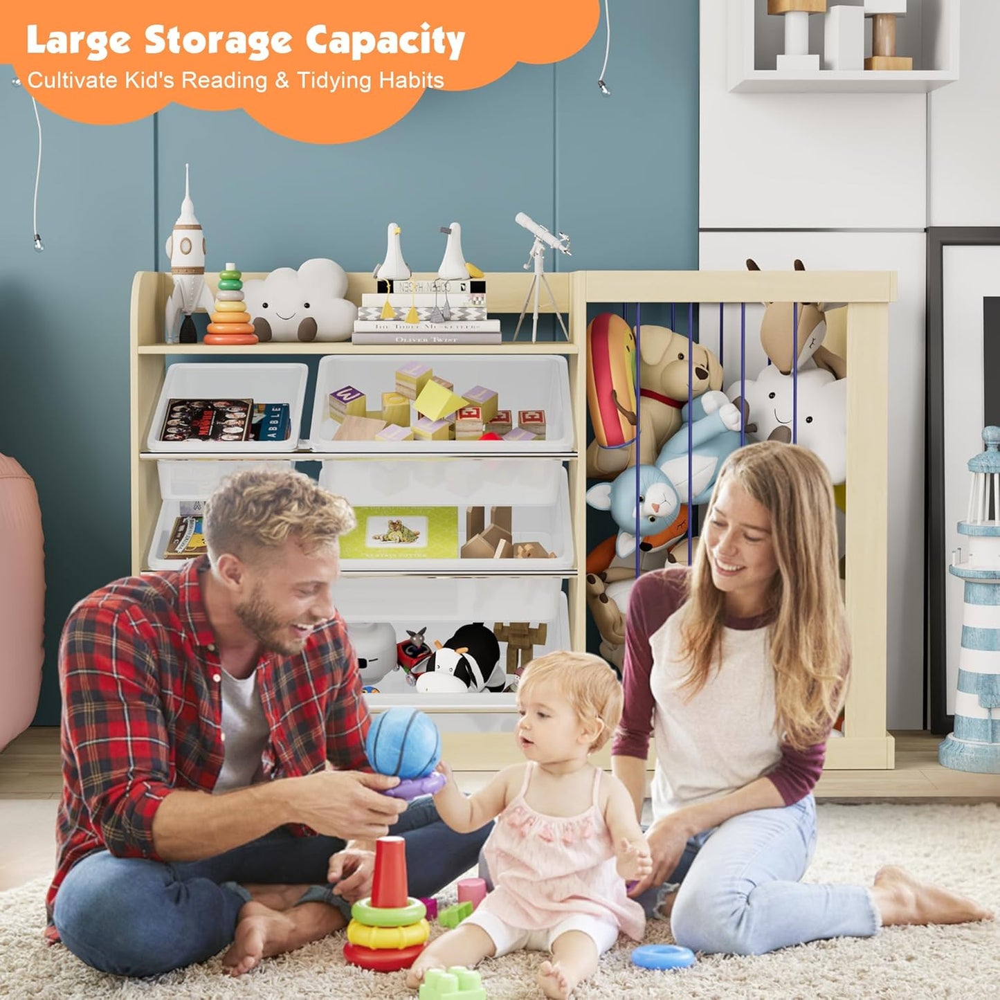 Kids Toy Storage Organizer with 6 Removable Plastic Bins Toddler Montessori Bookshelf with Stuffed Animal Net Holder Baby Bookcase Plush Organizer for Playroom,Bedroom,Kids Room,Classroom