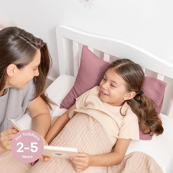 Comfy Cubs Toddler Pillow with Soft Muslin Pillowcase, 13"x18", Mauve - Kids Pillow for Sleeping & Travel - Adorable & Comfortable Small Pillow - Kids Travel Pillow with Breathable Microfiber Fill