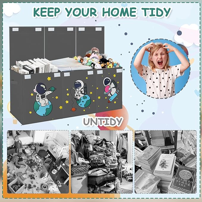 Large Toy Box Storage Organizer,Sturdy Toys Storage Chest Bin Basket with Dividers and Lids for Toddlers,Boys,Girls,Nursery,Closet,Living Room Area,Playroom(Grey Astronaut)