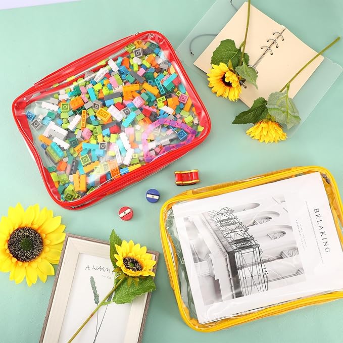 Sanwuta 3 Packs Toy Storage Bags with Zipper, Clear PVC Organizing Bags, Waterproof Toy Bags for Board Games, Building Blocks, Toys and Kids Books (Red, Yellow, Green,12.6 x 9 x 2.36 Inch)