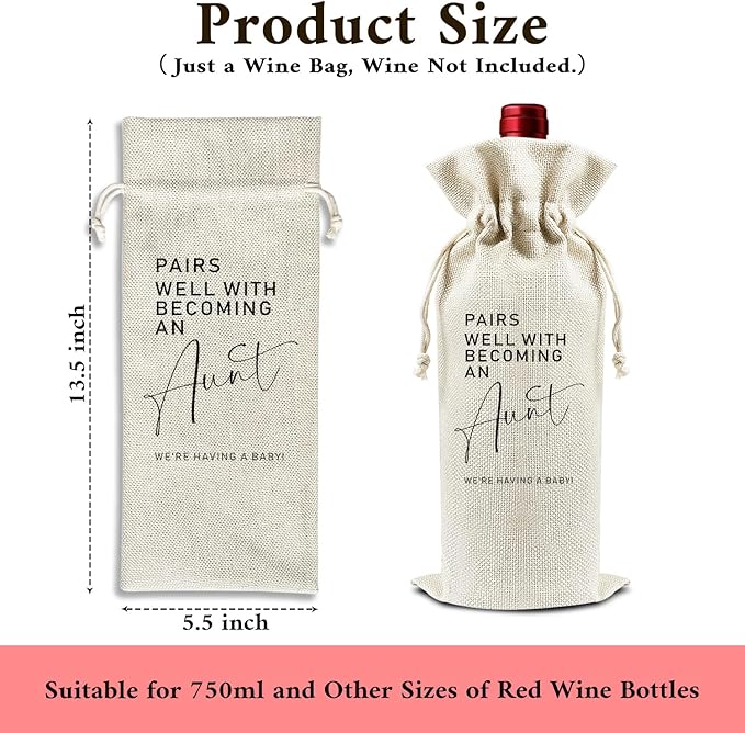 Pairs Well with Becoming An Aunt - Gifts for Sister Wine Bags, 1 PC Reusable Drawstring Burlap Wine Bottle Bags, Baby Announcement Gifts for Women Ladies, Wine Gift Bag Wine Accessories -39