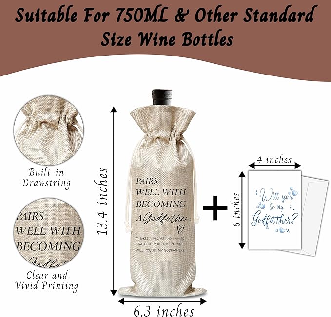 Xanev Godfather Wine Gift Bag For Men, Godfather Proposal Gifts, Pairs Well With Becoming Godfather Wine Bag, Baptism Gifts For Godfather From Godchild, Birthday Wine Party Favors Decor, B01